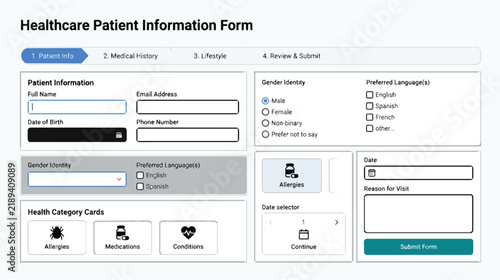 Healthcare Patient Information Form, Digital Document Template. Medical History Review and Submit Process