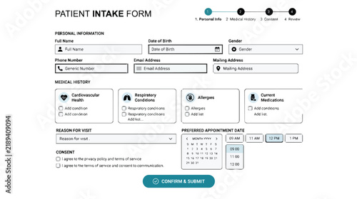 Patient Intake Form, Digital Document Template with Fields for Personal Information, Medical History, and Consent