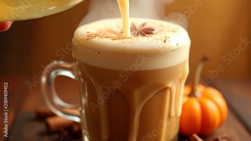 Pumpkin spice latte macro in realistic style, creamy foam with cinnamon and star anise, warm autumn colors