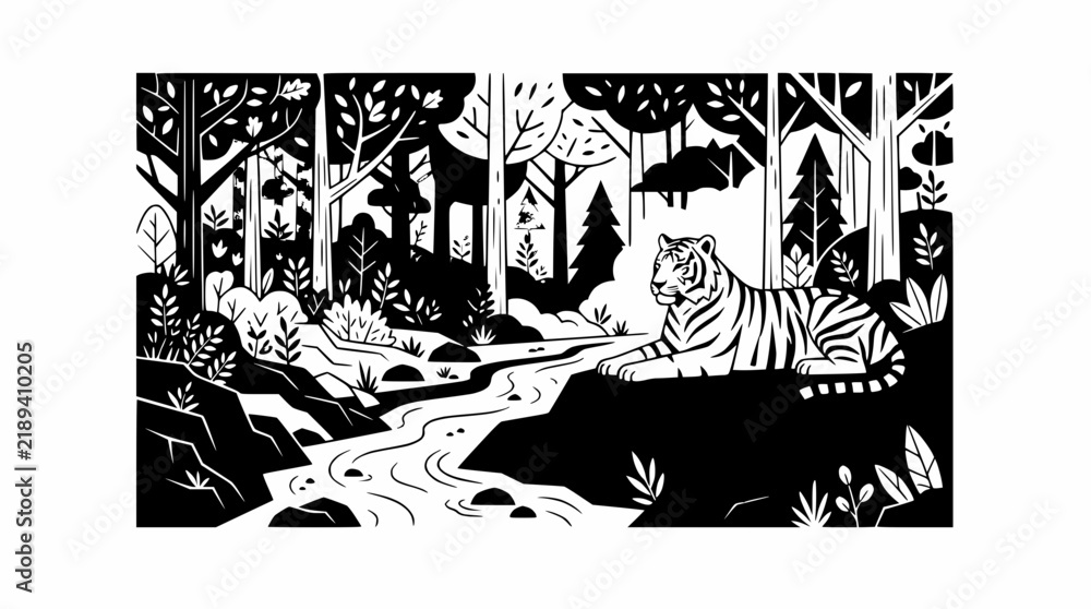 Obraz premium Majestic tiger resting by a flowing stream in a stylized forest, black and white illustration.