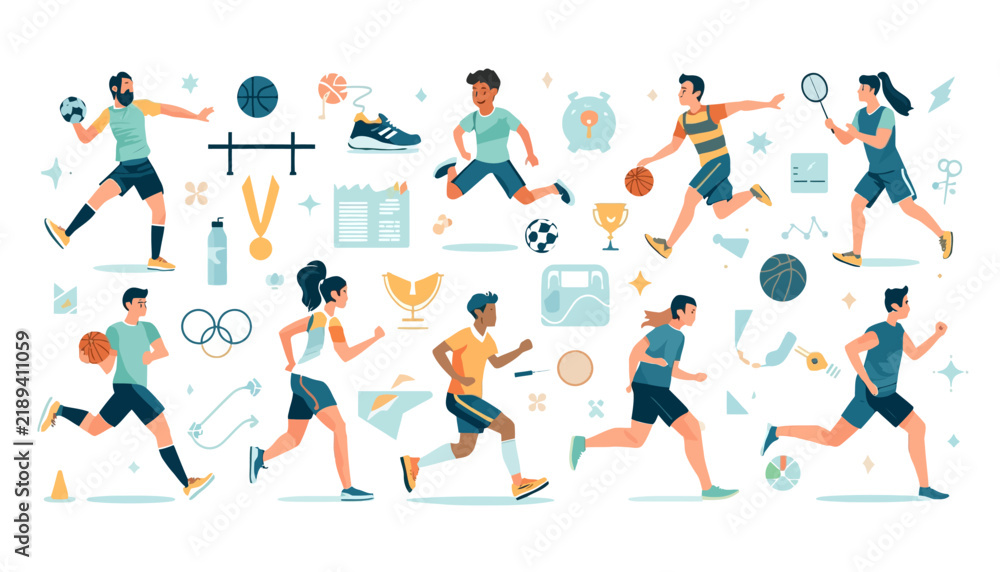 Fototapeta premium Athletes participating in track and field events with medals and training gear illustrations.