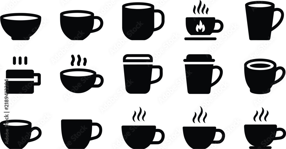Obraz premium Coffee Cup and Mug Silhouette Icon Collection with Hot Steam for Cafe Beverage Menu and Modern Graphic Design