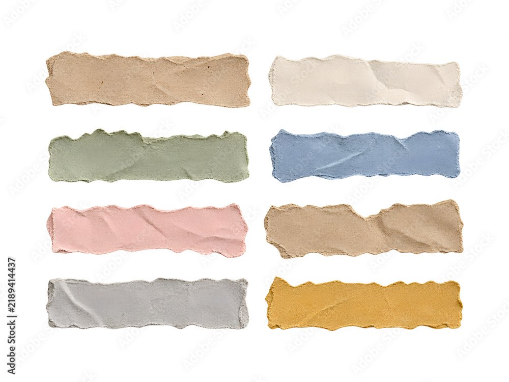 Fototapeta premium Pastel Torn Paper Strips in Beige Blue Pink Green and Yellow isolated transparent background