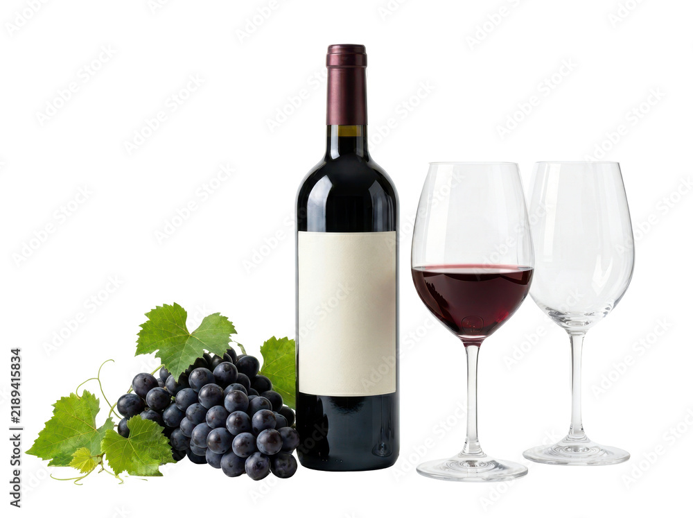 Obraz premium Red Wine Bottle and Grapes: A still life composition featuring a bottle of red wine, two wine glasses, one filled with wine, and a bunch of ripe dark grapes with green leaves.