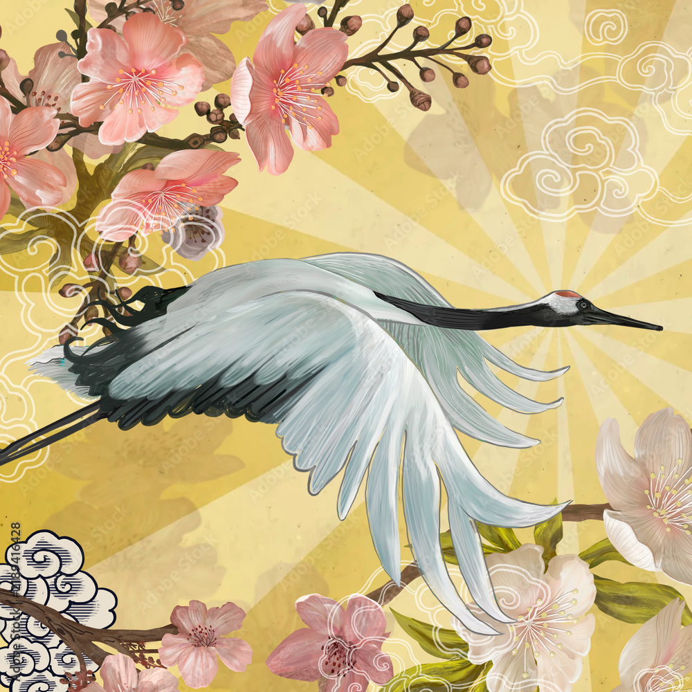 Fototapeta premium Japanese crane bird, sakura aesthetic illustration