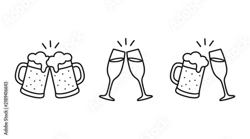Obraz na plátne Hand drawn doodle set of beer mugs and champagne glasses clinking for a celebrat