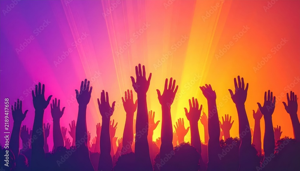 Fototapeta premium Silhouettes of raised hands enjoying a music concert and festival.