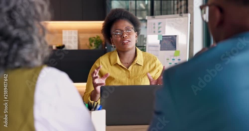 Business, woman and laptop for client meeting, campaign pitch or ideas for brand development. Talk, strategist or tech in office for advertising proposal, lead generation strategy or marketing funnel