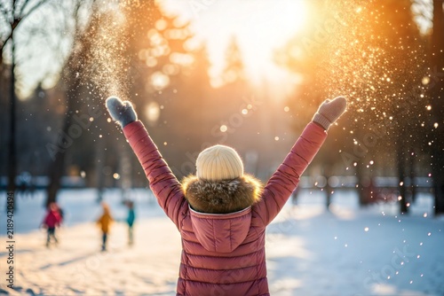 Young girl throwing snow in the air at sunny winter day, back view