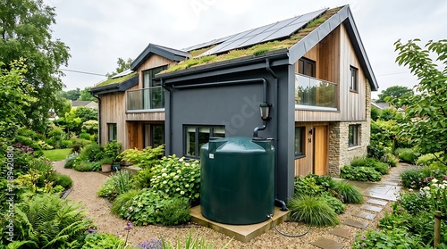 Modern sustainable house with solar panels, green roof, and rainwater harvesting tank in a lush garden