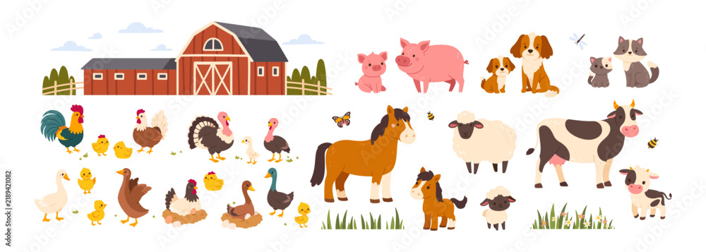 Fototapeta premium Farm animals. Cute domestic animal. Adorable countryside characters, rural fauna. Horse, pig, cow, sheep, dog, cat, bird, chicken, duck, hen. Kid vector set