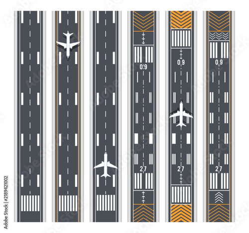 Airplane runway. Airport road. Aircraft road line, take off and land planes top view. Aviation plane aerial strip for with aerodrome. Airline flight transport. Vector concept