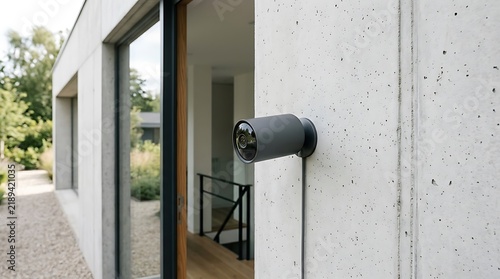Modern grey security camera mounted on a minimalist white concrete wall for outdoor surveillance