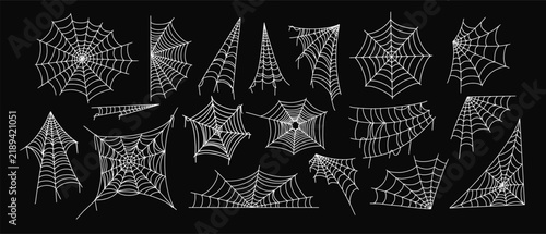 Spider web. Halloween spiderweb. Doodle line cobweb elements, spooky widow net silhouette in different shape, decor corner. Party decoration hanging. Vector set