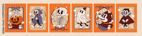 Halloween poster. Vintage spooky character. Retro groovy frame with funky vampire, werewolf, skeleton, pumpkin, ghost, death. Autumn holiday background. Vector set