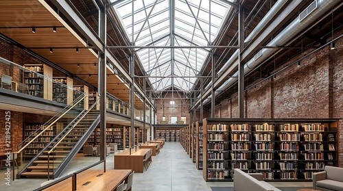 Modern library interior in a repurposed industrial warehouse with brick walls and glass skylight