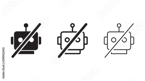 No robot icon set with anti-bot symbol in solid, outlined, and thin line versions