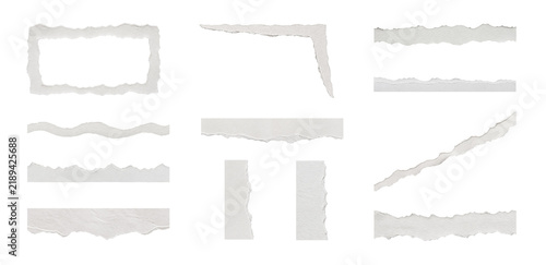 Hand Torn White Paper Elements Set, Rough Edges, Strips and Frames Isolated on Transparent Background, PNG