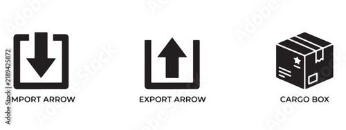 Simple logistics icon set including import and export arrows with cargo box