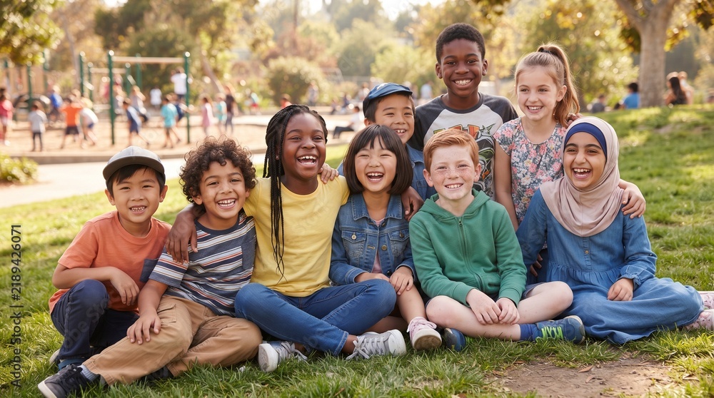 Fototapeta premium Diverse group of happy children laughing together outdoors in a park