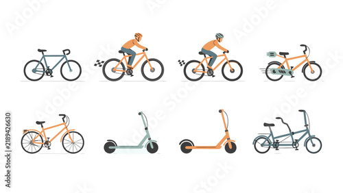 Collection of bicycles and electric scooters in various styles and colors