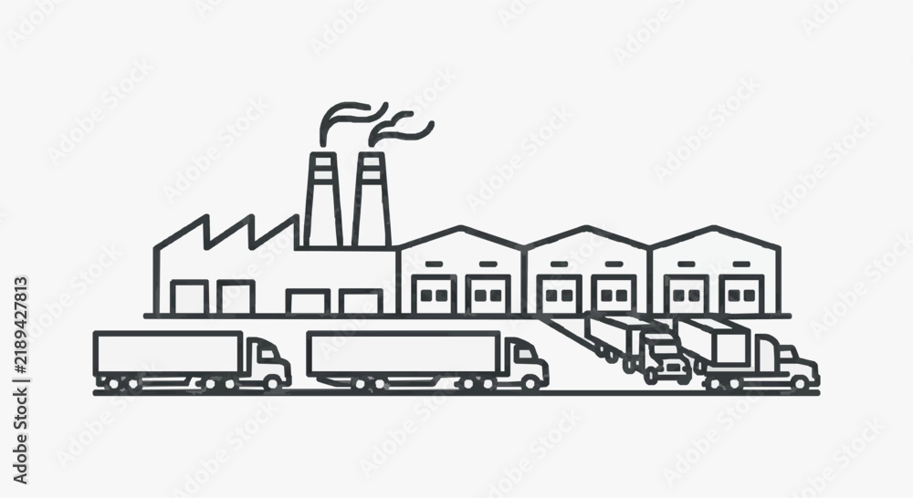 Fototapeta premium Industrial factory complex with trucks for logistics and manufacturing operations
