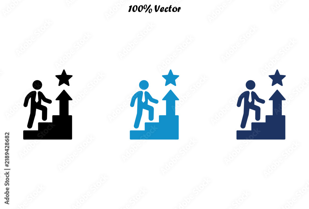 Fototapeta premium Business professional climbing stairs toward success and star achievement icon set.