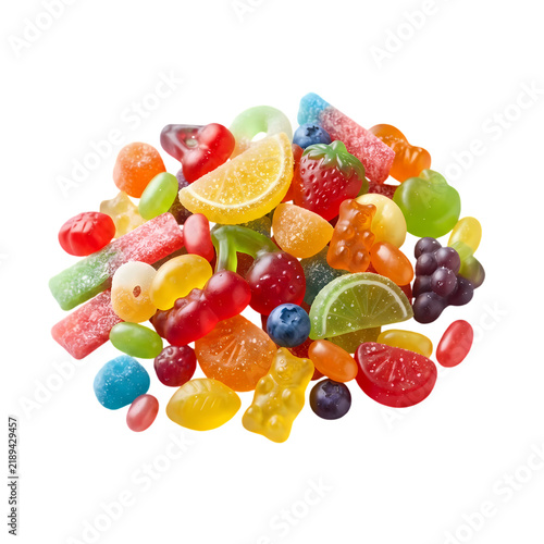 Assorted colorful fruit jelly candies and gummy sweets piled on a white background