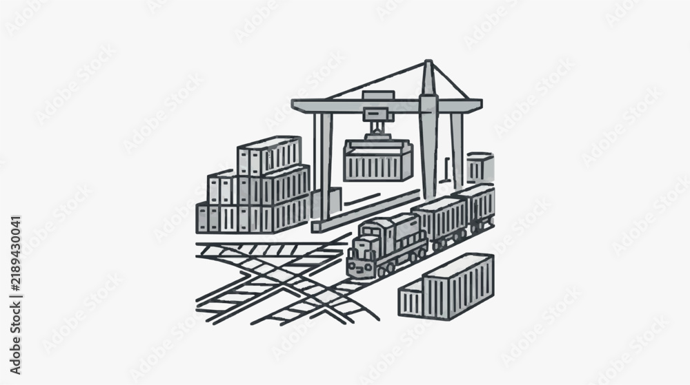 Fototapeta premium Freight Train and Container Crane at Industrial Rail Yard