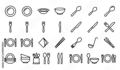 30 Dining Tableware and Cutlery Outline Icons Set with Plates Spoons Forks and Knives
