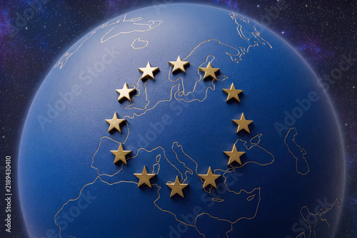 Conceptual globe with gold EU stars and outlined European map in space
