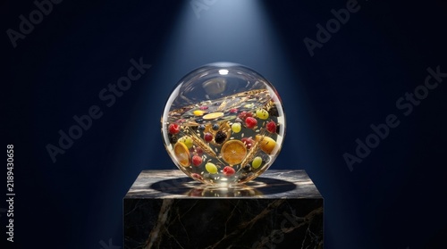 Glowing Glass Sphere Filled with Miniature Flowers on Stone Pedestal