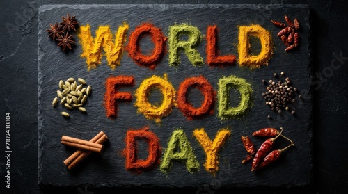 World Food Day Text Spelled with Bright Spices and Chili Pods on Slate