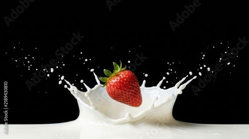 Red Strawberry Falling into White Milk with Splashing Droplets on Black