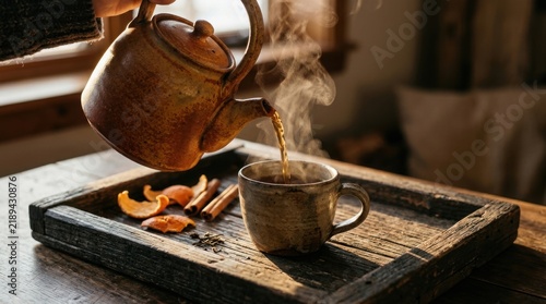 Pouring Hot Herbal Tea from Clay Teapot into Ceramic Mug on Wooden Tray