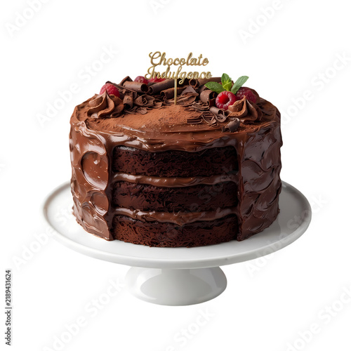 Chocolate layer cake with raspberry topping on a white cake stand against white background