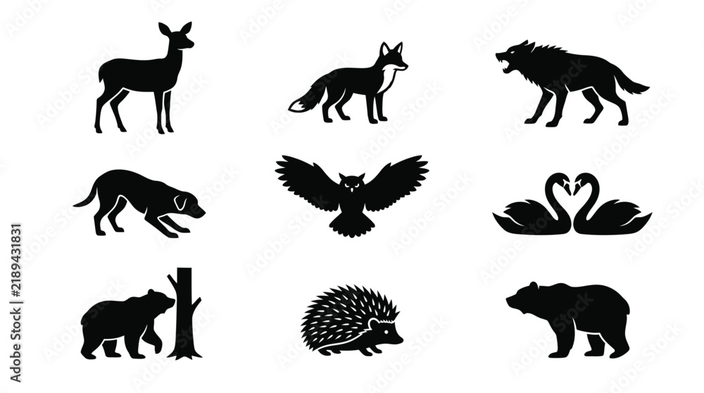 Obraz premium Black silhouettes of various wild animals.