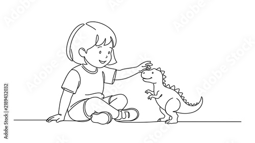 Plakat Child Playing with Dinosaur white background.