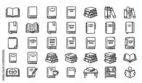 Hand Drawn Books Outline Icons Set with Open Closed Stacked Books and Reading Symbols