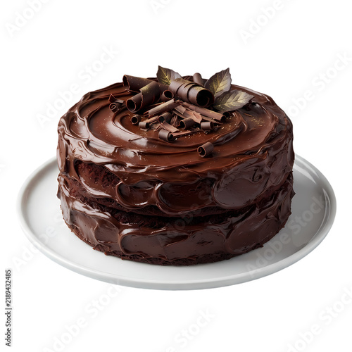 Whole chocolate cake with frosting and curls on a white plate against white background