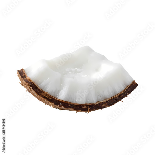 Fresh raw coconut piece with white meat and brown husk isolated on a white background