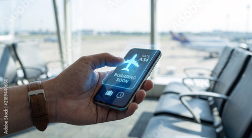 traveler holds glowing flight status hologram with airplane icon above smartphone to confirm boarding time, verify gate assignment, manage travel itinerary details