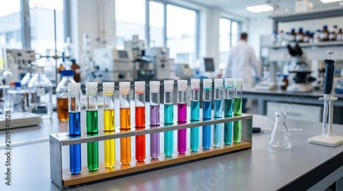 Colorful Test Tubes with Chemical Solutions in a Modern Laboratory Setting