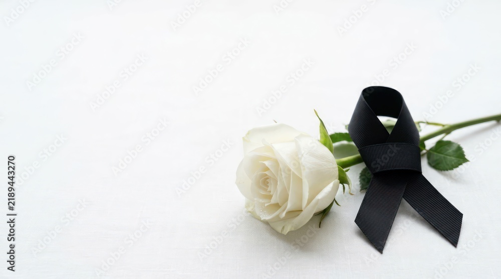 Obraz premium White Rose with Black Ribbon Symbolizing Mourning and Remembrance.