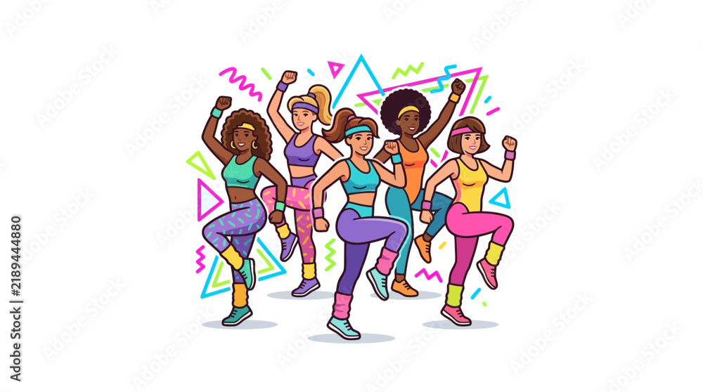 Fototapeta premium Retro Aerobics Women Dancing 80s Fitness Group Isolated