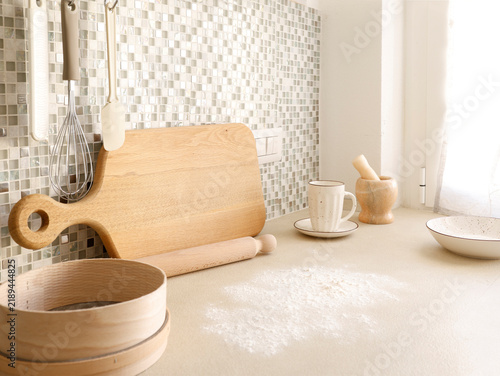 Cuadro en lienzo Flour spilled on beige kitchen counter for baking preparation scene