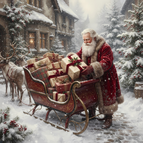 Santa Claus loading a sleigh full of Christmas presents, with a reindeer beside him, in a snowy village.