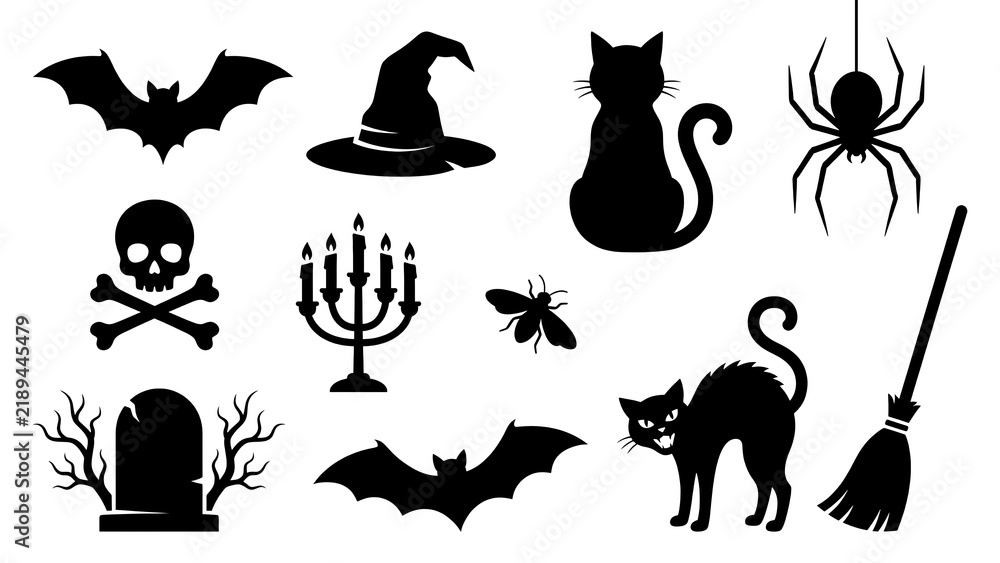 Fototapeta premium Spooky Halloween silhouettes set with bats cats skull and witch hat