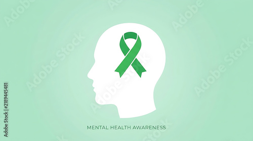 Mental Health Awareness Symbol with Green Ribbon on Human Head Silhouette