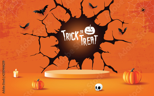 Halloween illustration with a spooky tree, bats, spider webs, pumpkins, candle, skull, and Trick or Treat lettering on an orange background with a display podium.